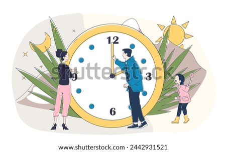 Moving clock arrows simple. Man and woman near clocks. Time management and organizaing effective workflow and study process. Doodle flat vector illustration isolated on white background
