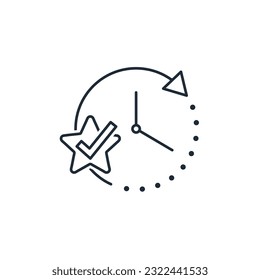 Moving clock hands towards a star with a checkmark. Quickly change circumstances, events. Vector linear icon isolated on white background.