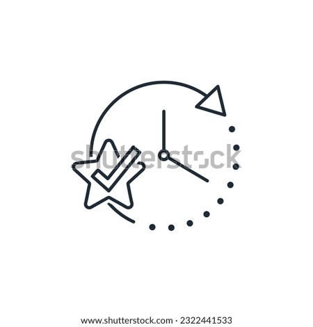 Moving clock hands towards a star with a checkmark. Quickly change circumstances, events. Vector linear icon isolated on white background.