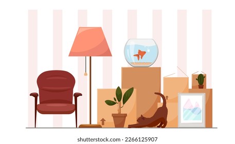 Moving, moving, collecting things and packing, boxes and furniture. Vector graphics in the flat style