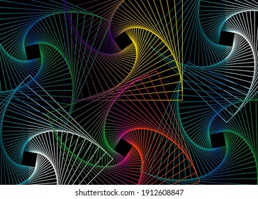 Moving colorful spiral lines of abstract black background. Fractal geometric twirls multicolors. Vector Futuristic Template with Effect of Volume and Movement