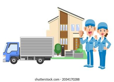 Moving companies man and woman, a house and truck