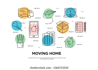 Moving company banner design. Relocation service colorful linear icons. Thin line illustrations. Property rental, leasing symbols. Accommodation, apartment. Contour drawings with text space