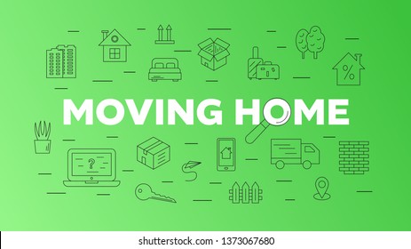 Moving company banner design. Relocation service linear icons on color background. Thin line illustrations. Contour drawings with text space for property agency.