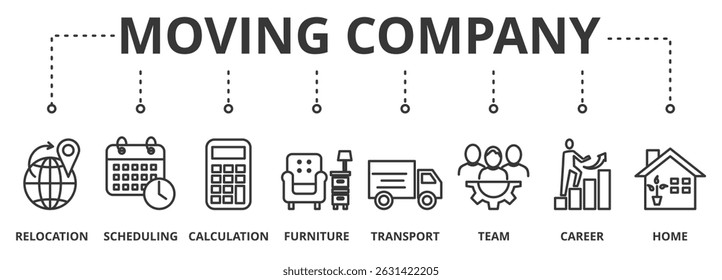 Moving Company banner vector illustration concept with icon of relocation, scheduling, calculation, furniture, transport, team, career and home