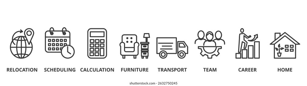 Moving Company banner vector illustration concept with icon of relocation, scheduling, calculation, furniture, transport, team, career and home 