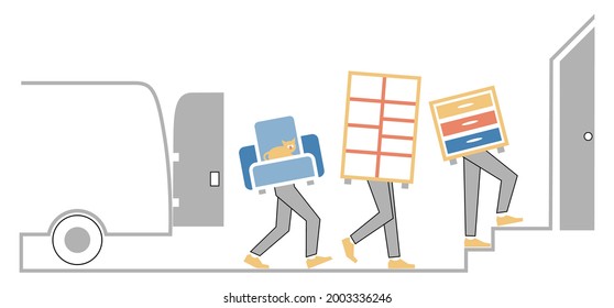 A moving company carries objects from the truck to the apartment. Three men carry a dresser, a library, a sofa and a cat. Humorous and minimalist style.