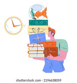 Moving company, delivery and relocation service worker or loader character, flat cartoon vector illustration isolated on white background. Moving goods during home or office relocation.
