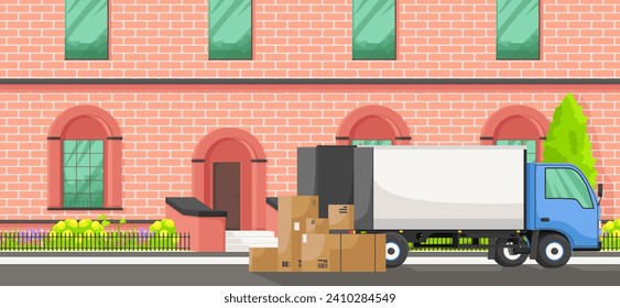 Moving company, delivery service, holding furniture, package moving, van shipping, male courier, home box shipment. Pink brick house. Vector illustration