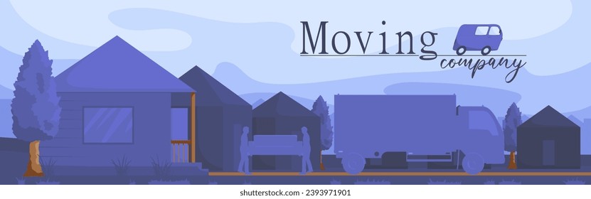 Moving company, delivery service, silhouette of worker holding furniture at night, package moving, van shipping, male courier, home box shipment. Blue house street. Vector illustration