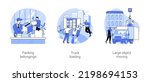 Moving company isolated cartoon vector illustrations set. Professional worker packing belongings for moving, man in uniform loading truck, movers relocating large object vector cartoon.