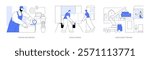 Moving company isolated cartoon vector illustrations set. Professional worker packing belongings for moving, man in uniform loading truck, movers relocating large object vector cartoon.