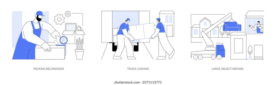 Moving company isolated cartoon vector illustrations set. Professional worker packing belongings for moving, man in uniform loading truck, movers relocating large object vector cartoon.