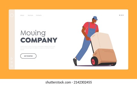 Moving Company Landing Page Template. Worker in Uniform Driving Hand Truck with Stack of Carton Boxes. Cargo Transportation Storage Logistic, Export Import Merchandise. Cartoon Vector Illustration