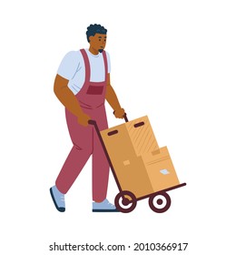 Moving company loader male cartoon character with cargo cardboard boxes on cart, flat vector illustration isolated on white background. Moving and shipping services.