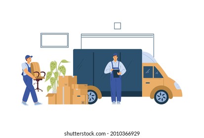 Moving company loaders or movers cartoon characters loading cargo truck with furniture and cardboard boxes, flat vector illustration isolated on white background.