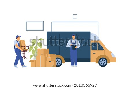 Moving company loaders or movers cartoon characters loading cargo truck with furniture and cardboard boxes, flat vector illustration isolated on white background.