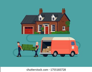 Moving company professionals at work carrying furniture from loaded moving van to just moved in household