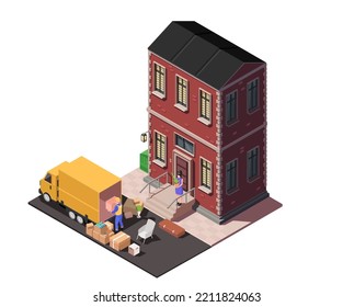 Moving Company Service Isometric Scene Isolated On White Background. Worker Carrying Boxes And Furniture. Woman Watches As Movers Load Cardboard Boxes Into A Delivery Lorry Truck. Vector Illustration