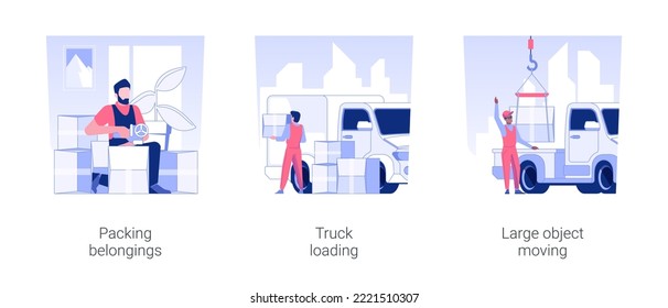 Moving company services isolated concept vector illustration set. Packing belongings, truck loading, large object moving, real estate business, packages transportation vector cartoon.