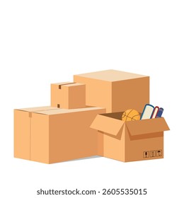 Moving concept. Cardboard boxes in different sizes and shapes with various home things, books, ball, home plant. Vector cartoon style illustration of Stack of moving boxes is related on white backgrou