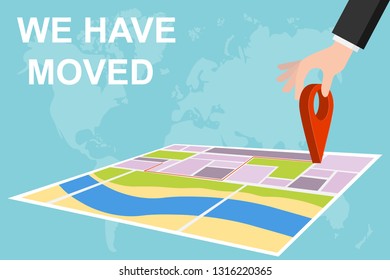 Moving concept. Changing address, new location on navigation map. We have moved, changed address. Hand holding pin icon on map.