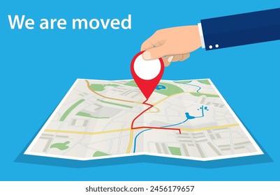 Concepto en movimiento. Cambio de Dirección, nueva ubicación en el mapa de navegación. Uso para, página de destino, Plantilla, ui, Web, App móvil, cartel, Ilustración vectorial de Anuncio en estilo plano
