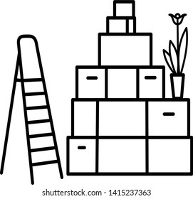 moving concept icon: things are packed in boxes and stacked on top of each other, a flower pot and a ladder