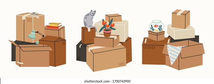 Moving concept. Set of three stacks. Cardboard boxes with various things from house, gold fish aquarium, cat, lamp. Hand drawn colored Vector isolated illustrations. Cartoon style, trendy design