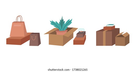 Bewegendes Konzept. Ein Satz aus drei Stapeln. Pappschachteln und Taschen mit verschiedenen Dingen aus dem Haus, eine Blumentopf, ein Aquarium mit Goldfisch, Bücher. Handgezeichnete, farbige Vektor isolierte Illustrationen.