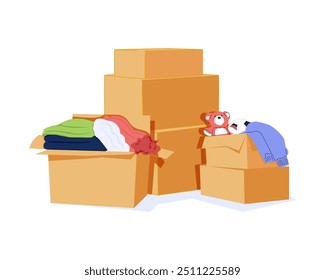Moving concept. Set of three stacks. Cardboard boxes with various things from house, clothes, toy bear. Hand drawn relocation colored Vector isolated illustrations. Cartoon style, trendy design