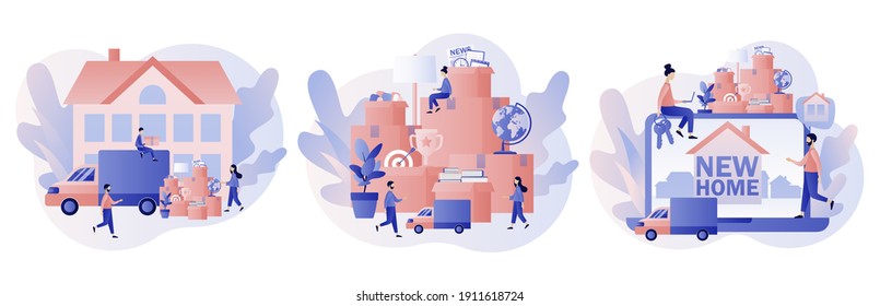 Moving concept. Tiny people moved to new home. Cardboard boxes with various things. Transporting things and objects in the truck. Modern flat cartoon style. Vector illustration on white background