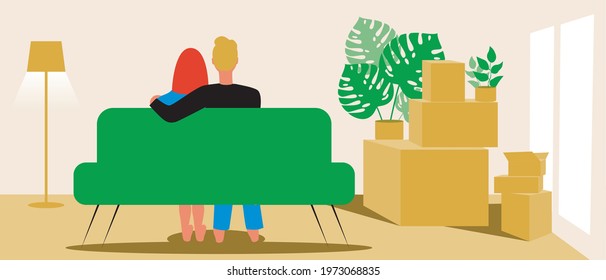 Moving a couple. Flat vector stock illustration. Housing is sold. Room, apartment with packed boxes. Packing things. New home. Delivery of things. Vector graphics