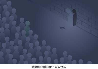 Moving crowd and a beggar silhouette by the wall, vector illustration
