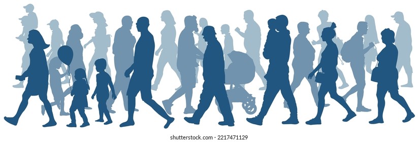 Moving Crowd Of People, Silhouette. Side View. Vector Illustration,