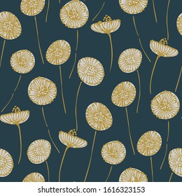 Moving dandelions in ink seamless vector pattern. Yellow and white inked dandelions moving in wind on navy blue background .