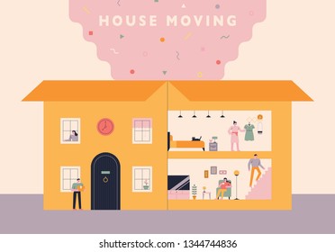 Moving Day box concept house illustration. Structure that can observe inside. flat design style minimal vector illustration