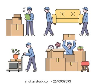 moving day. Moving company employees are moving boxes and furniture. flat design style vector illustration.