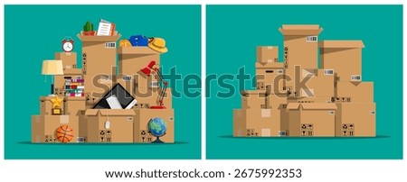 Moving day concept with household items packed in cardboard boxes for relocation. Global transportation and delivery service logistics.