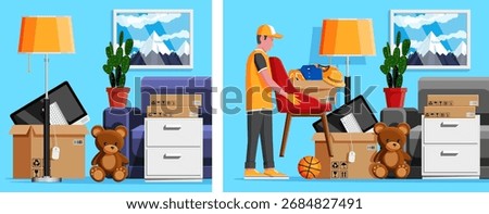 Moving day concept with a man unpacking boxes of household items in a new apartment. Home relocation business. Flat style.