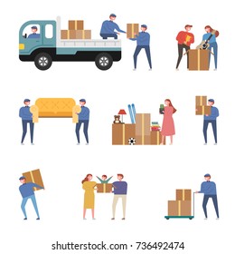 Moving day. Employees and families carrying moving boxes. vector illustration flat design