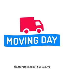 Moving day. Truck with ribbon icon. Flat vector illustration on white background.