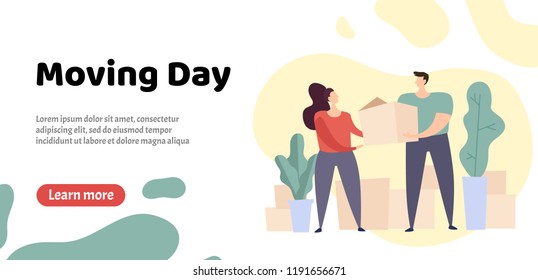 Moving Day Web Banner. Couple with Cardboard Box in a New Home. Delivery Package Relocation. Flat Vector Illustration