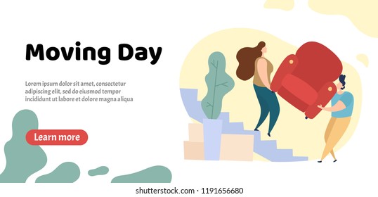 Moving Day Web Banner. Couple Carry an Armchair in a New Home. Delivery Package Relocation. Flat Vector Illustration