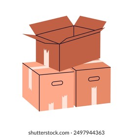Moving or delivery boxes. Cardboard stacked cargo boxes, packages pile, warehouse box stack flat vector illustration. Hand drawn carton boxes