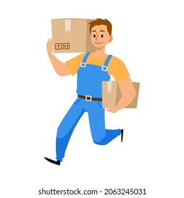 Moving and delivery company employee male character running with boxes, flat vector illustration isolated on white background. House moving loading and transport service.