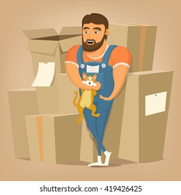Moving and delivery company illustration.Mover man holding cat. Vector illustration