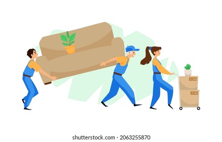 Moving and delivery company loading and transportation services workers with furniture and cardboard boxes, flat vector illustration isolated on white background.