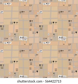 Moving, Delivery, Logistic Theme. Seamless Background Pattern. Warehouse with Lot of Cardboard Boxes. Brown Corrugated Packages in Stockpile. Cartoon Stack.  Vector
