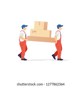 Moving and delivery service. Couple loaders movers team with cardboard boxes. Two men in uniform. Vector illustration.